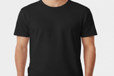 Black t-shirt worn by a person on a white background
