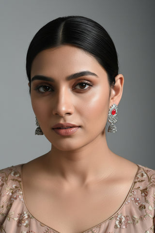 01O122504RD Oxidised Silver Pearl Chandbalis – Adjustable & Elegant