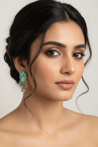 01O122505GR Oxidised Silver Pearl Chandbalis – Adjustable & Elegant
