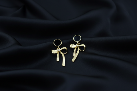 01AT122503GD Elegant Gold Bow Drop Earrings with Black Studs - Multiple Shapes