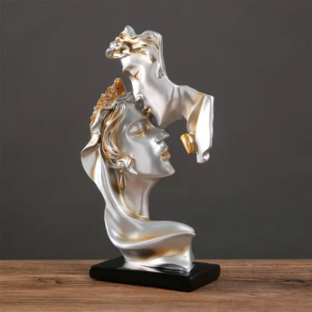 Elegant Golden-Tone Love Sculpture – Kissing Couple Figurine
