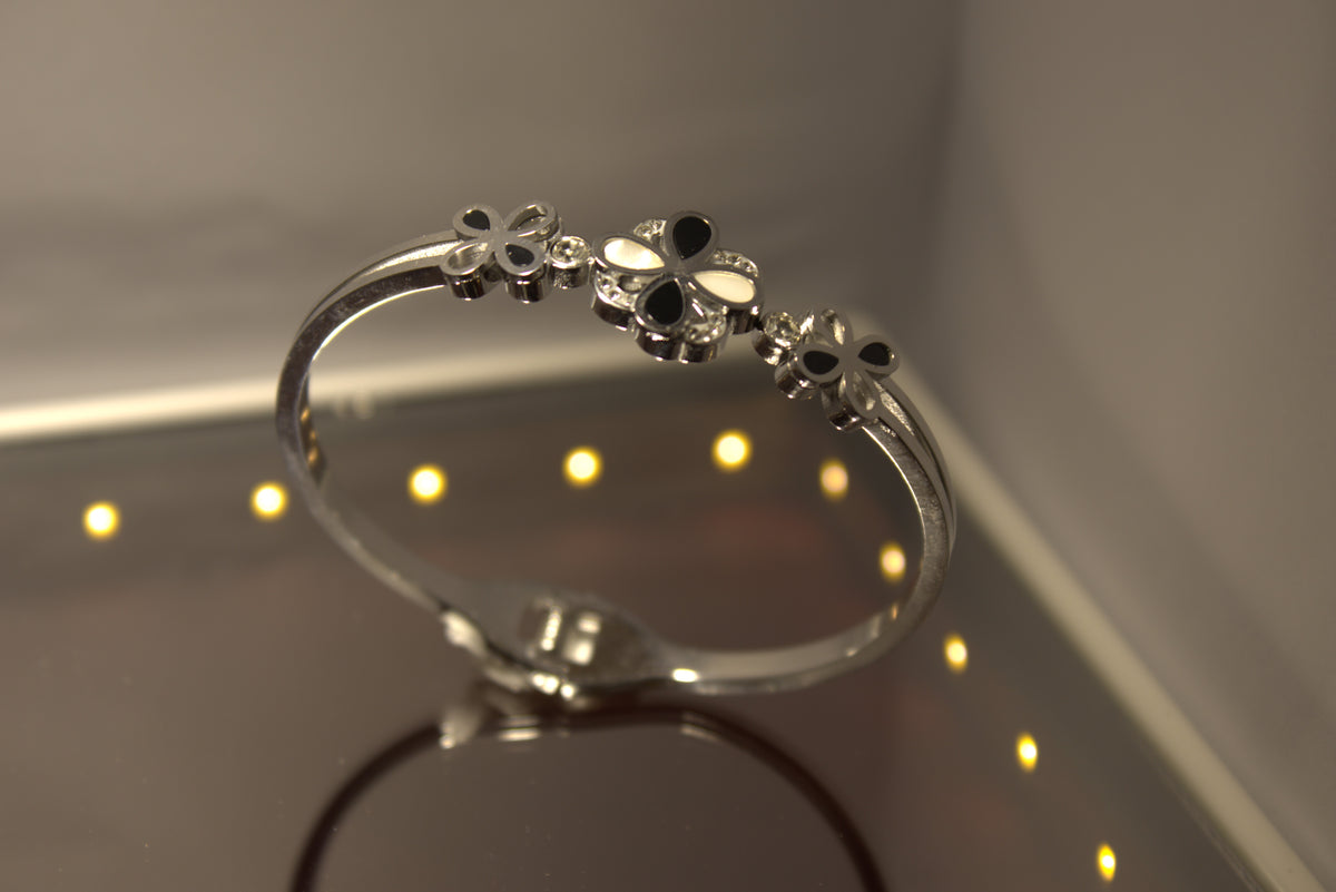 02T122502SL Floral Design Anti-Tarnish Silver Bracelet with Black Enamel & Crystals