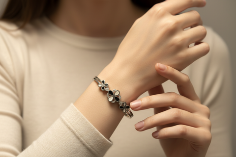 02T122502SL Floral Design Anti-Tarnish Silver Bracelet with Black Enamel & Crystals