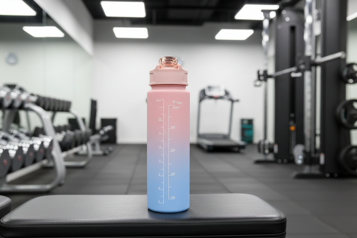 Gradient water bottle on a gym bench with gym equipment in the background