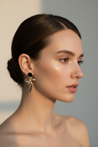 01AT122503GD Elegant Gold Bow Drop Earrings with Black Studs - Multiple Shapes