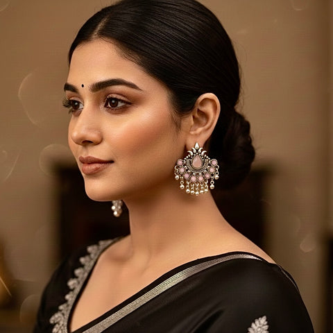 01O122506PK Oxidised Silver Pearl Chandbalis – Adjustable & Elegant