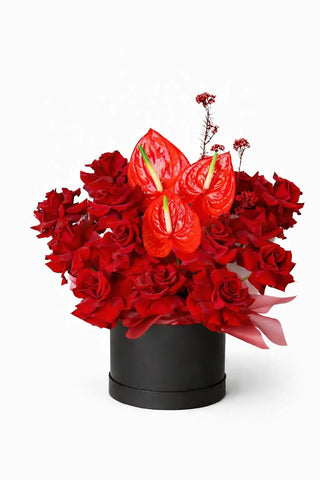 Bouquet of red flowers including roses and anthuriums in a black box on a white background