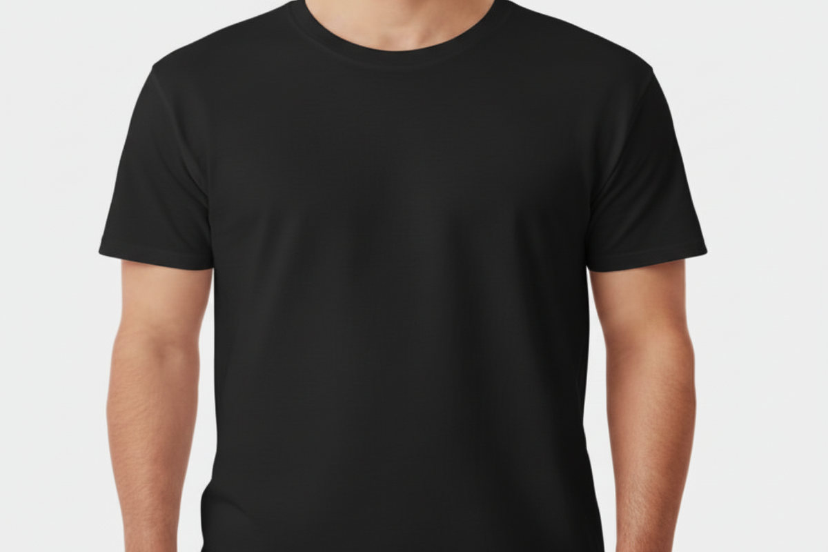 Black t-shirt worn by a person on a white background