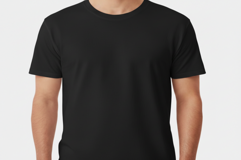 Black t-shirt worn by a person on a white background