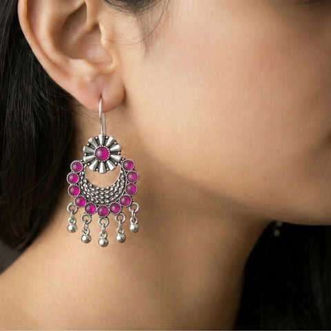 01O122502MR Oxidised Silver Pearl Chandbalis – Adjustable & Elegant