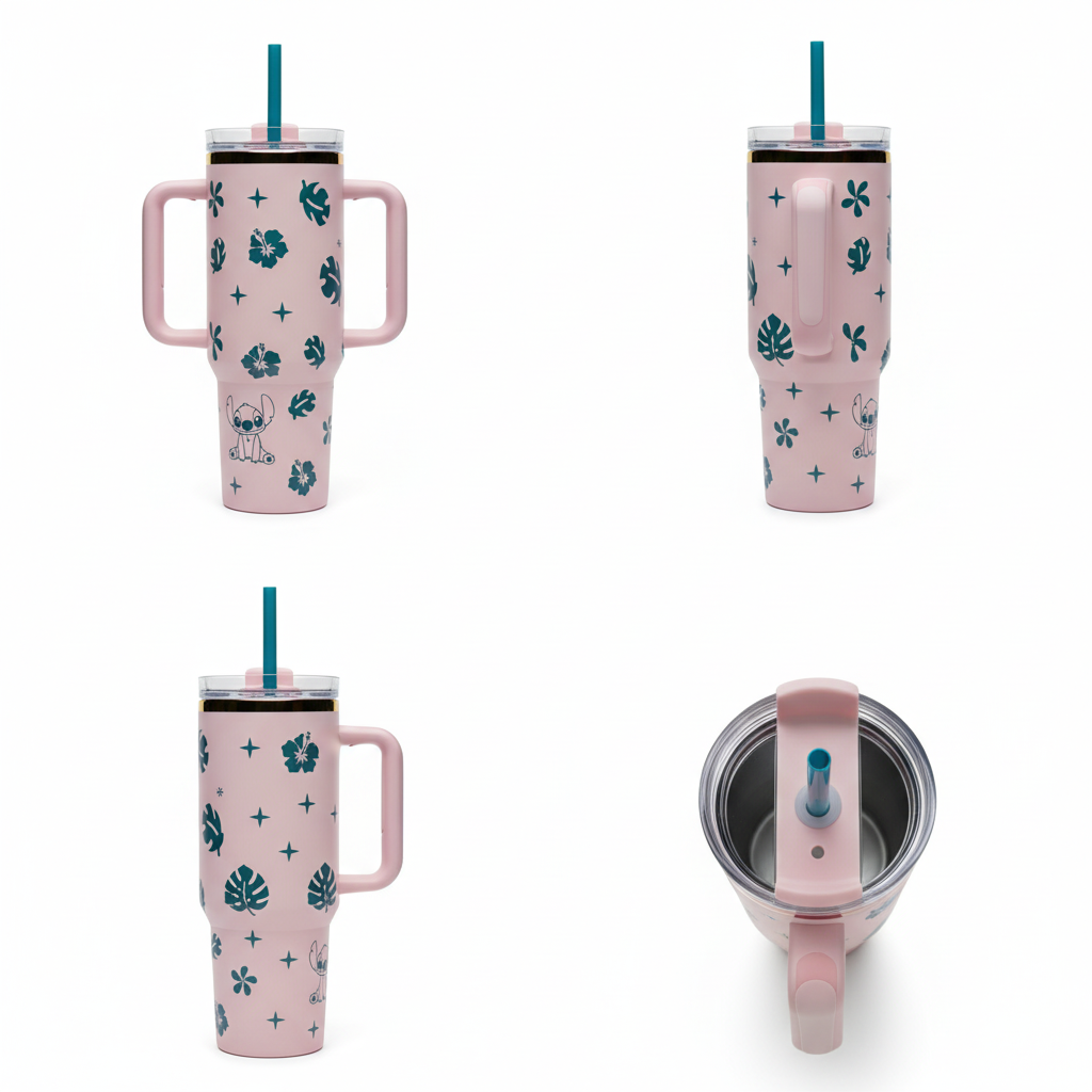 Pink tumbler with floral design and handle on a white background