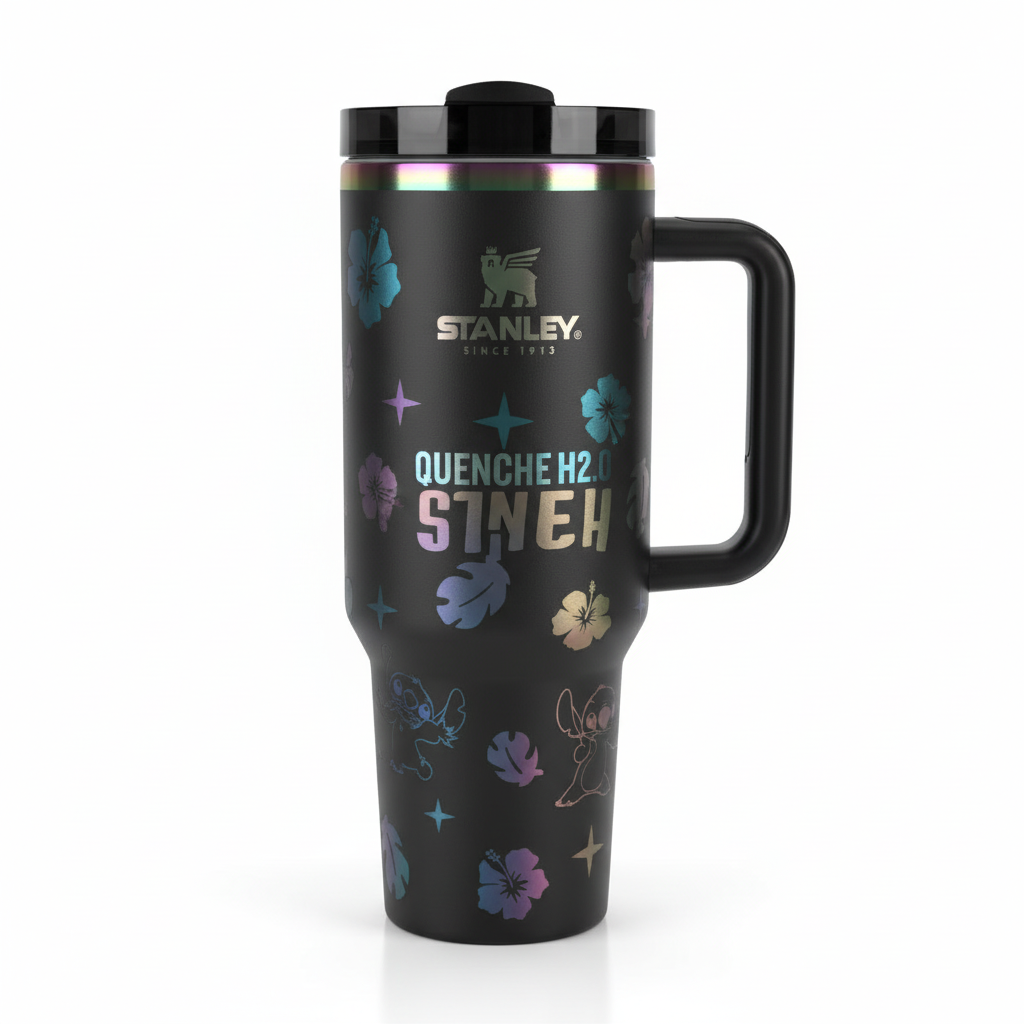 Black Stanley travel mug with colorful designs on a white background