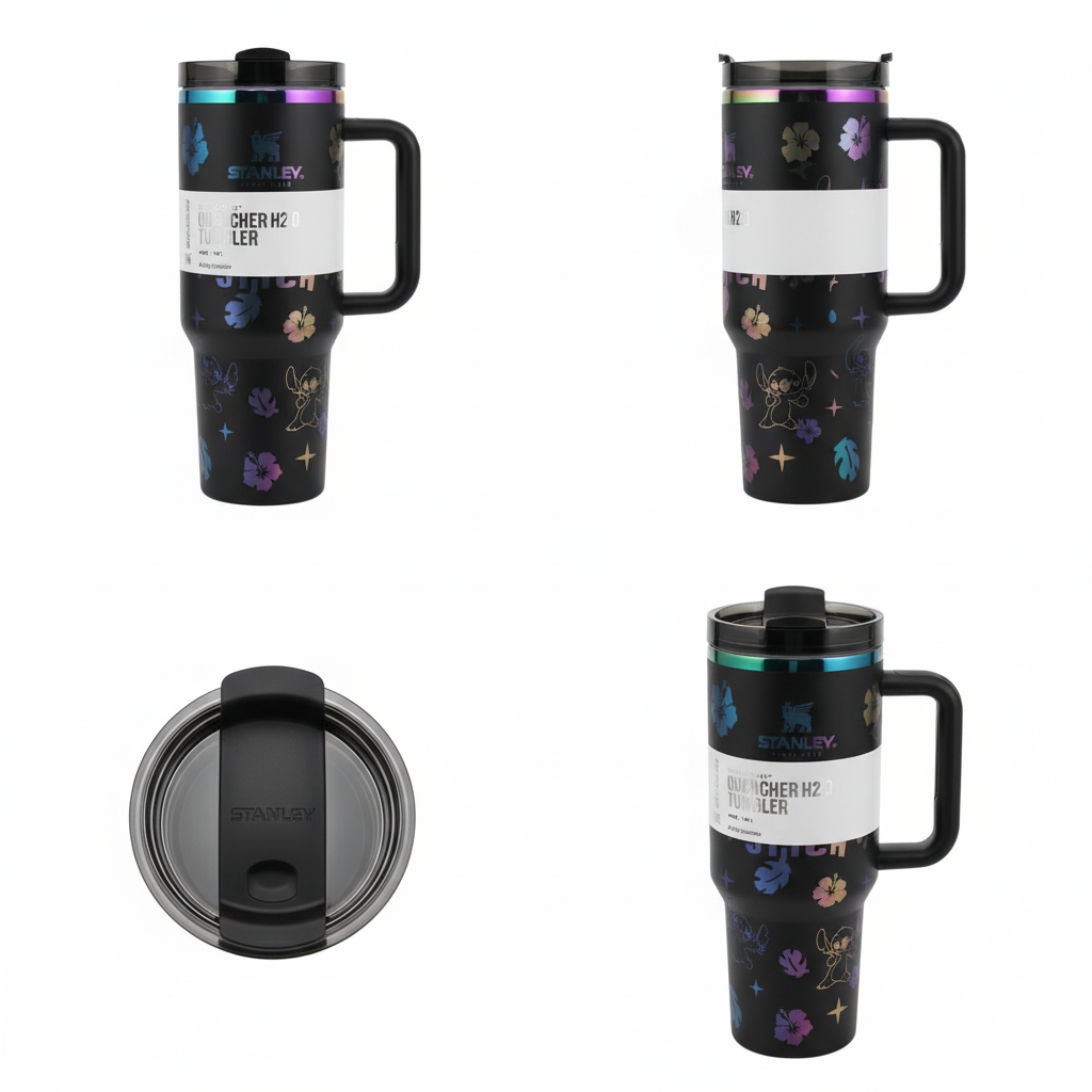 Black travel mug with floral designs and 'Stainless' branding on a white background