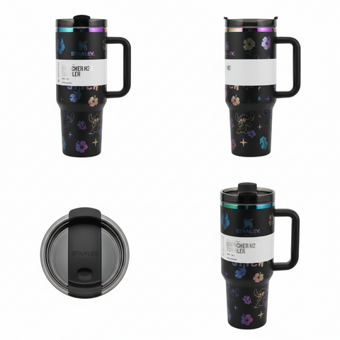 Black travel mug with floral designs and 'Stainless' branding on a white background